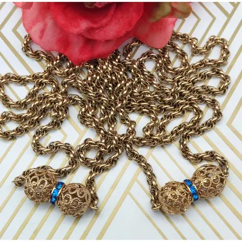 Long Gold Tone Pull Over Thick Twisted Chain Necklace Filigree Ball Blue Crystal
