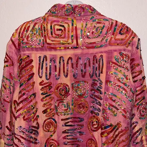 Vintage Bright Pink Ribbon and Sequin embellished Jacket multicolor wearable art Size XL