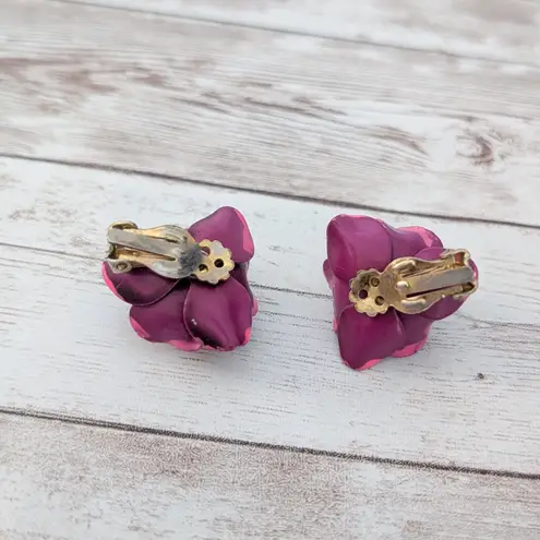 Vintage Clip On Earrings Large 3D Flower Magenta/Fuchsia Tones