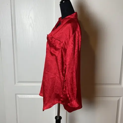 RED SATIN DAMASK PRINT LONG SLEEVE BUTTON DOWN NIGHT SHIRT GOWN Size M
