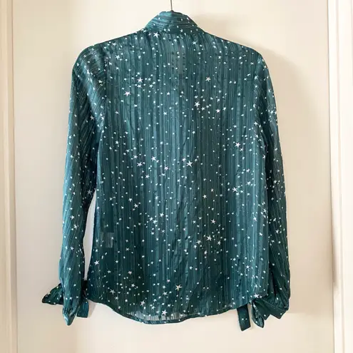 Modcloth Green & White Celestial Star Metallic Striped Button Down Blouse