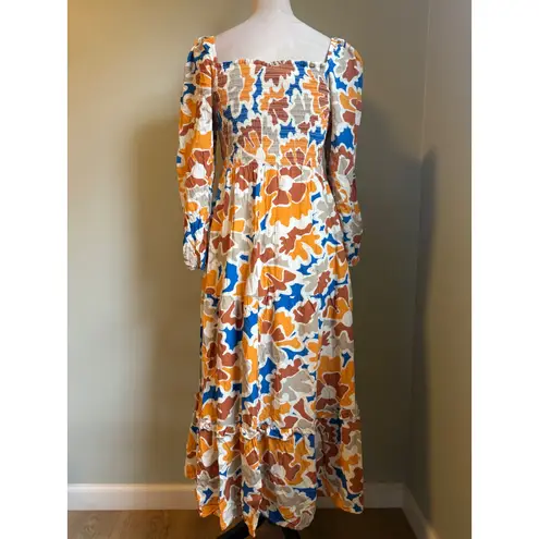 Dolan Anthropologie Smocked print Maxi Dress Orange Blue M boho Whimsi flowy Size M