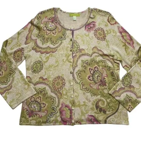 Sigrid Olsen  Silk Blend Cardigan Cream with Pink and Green Paisley 3X - Image 1
