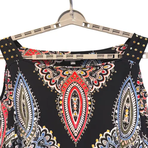 JM Collection Cold Shoulder Dress Black Red Blue Paisley Print Gold Studs XL