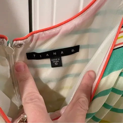 Tiana B Sleeveless Midi Striped Dress 10 Orange/Green/Yellow Fit & Flare Career