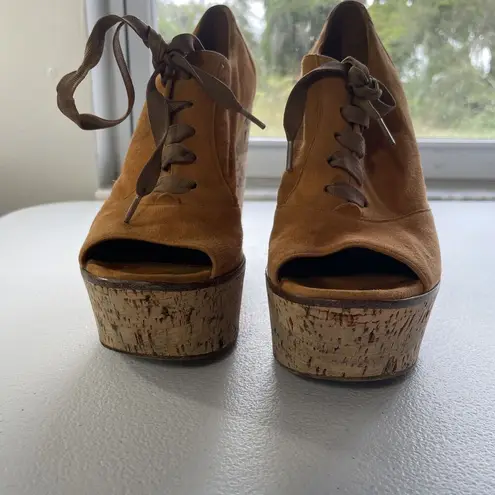 Gianvito Rossi Suede Cork Open Toe Lace Up Platform Shoes Orange/Beige Womens 37