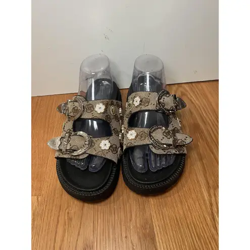 Jin Duo Sandals Womens Size 10 Brown Floral Buckle Slide Platform Shoes
