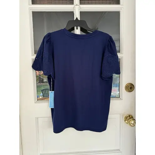 Draper James Blouse Women's Navy Blue Preppy Southern Eyelet Sleeve Sz L New