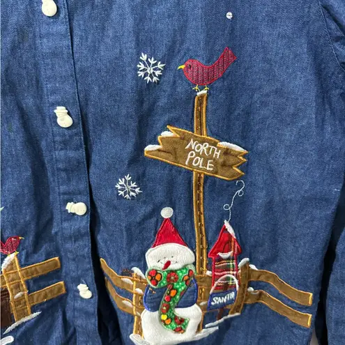 VTG 90s Tantrums Christmas Snowmen Embroidered Denim Flannel Button Down XL T Blue