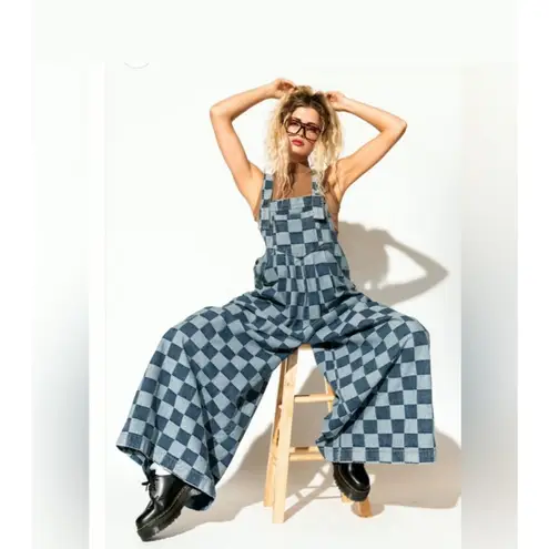 Dressed in LaLa Big Feelings Oversized Denim Checkered Jumpsuit Blue Size XL