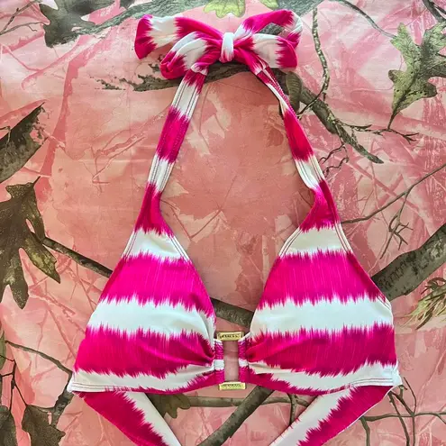 Ralph Lauren y2k  hot pink striped gold ring halter bikini top