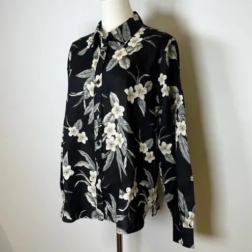 Lands' End  100% Linen Black Floral Button-front Shirt Women’s Size Medium (10-12)