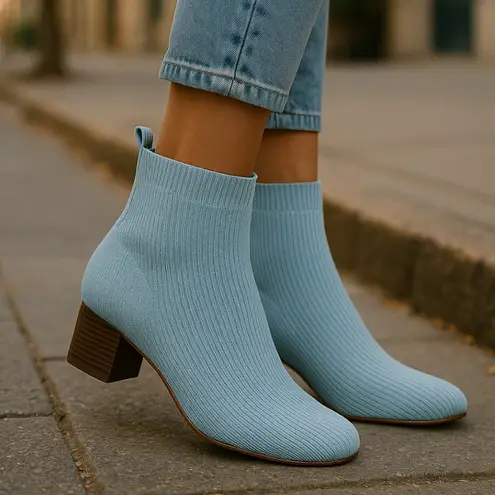 Cushionare Women's cushionaire memory foam ribbed Neely Knit Block Heel Bootie - Blue