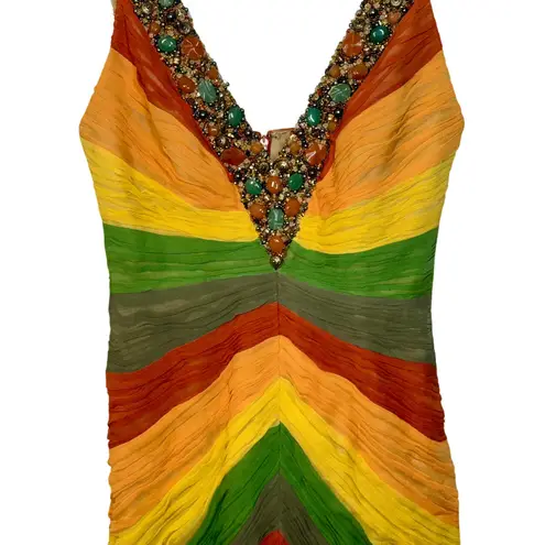 NWT Mandalay Multicolor Silk Beaded Pleated Mermaid Maxi Long Evening Gown Sz 4 Green