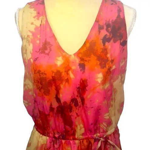 Vivienne Tam water color pink/beige poly sleeveless dress. Tie waist. Size M.