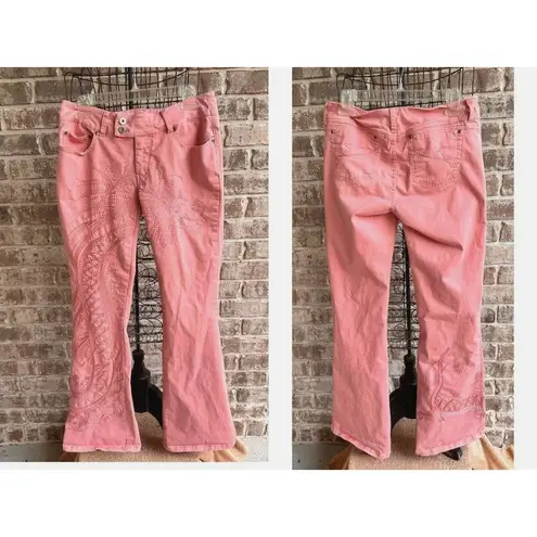Vintage 90's Taunt Pants Size 7 Peach Low Rise Wide Leg Embroidered Hipp…