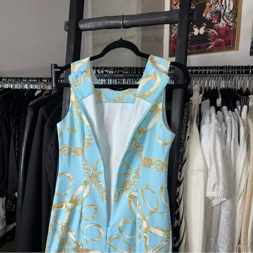 J. McLaughlin Sky Blue Gold Chain Print Sleeveless Sheath Dress