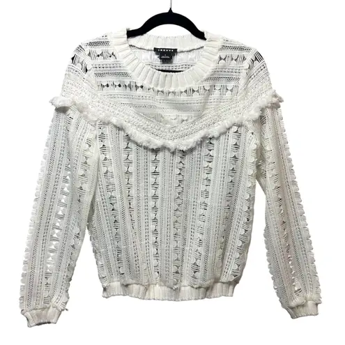 Trouvé Top Sheer Crochet Knit Sweater Ruffle Trim Long Sleeve White Size S