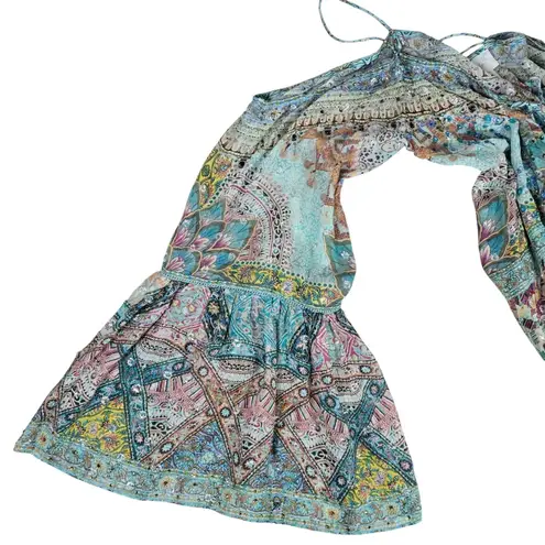 Camilla Silk Drop Shoulder Metallic Sparkle Embellished Boho Top Blouse XS