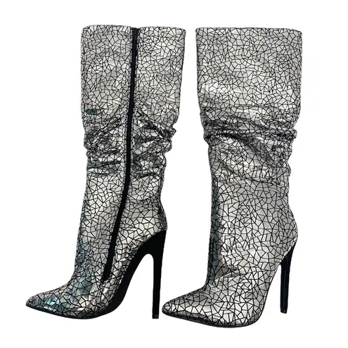 Shoedazzle  Beckey Slouchy Stiletto Boot Faux Leather Silver Foil Size 5.5 New