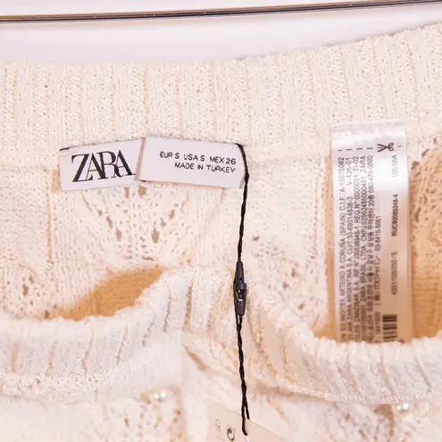 NEW Zara Cotton Blend Crochet Knit Pearl Beaded Embellished Sweater Skirt Ivory