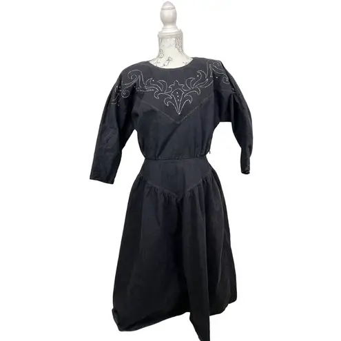 PG Collections Western Style Black Denim Dress with White Embroidery Size 10