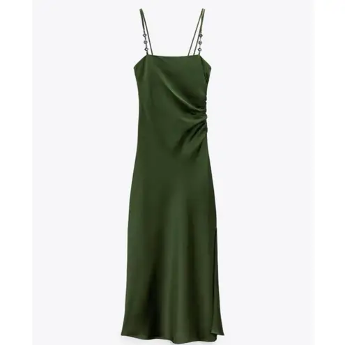 ZARA  green satin effect midi dress jewel straps