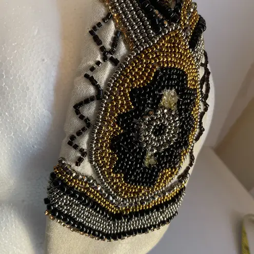 Hand Beaded Mexican Headband Beige Padded Turban Style Embroidered Boho NWT Gold