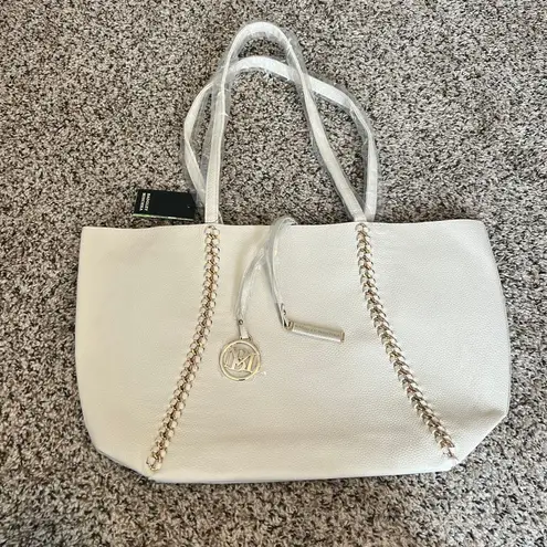 Badgley Mischka White Leather Tote Bag with Gold Chain Detail and Designer Charm