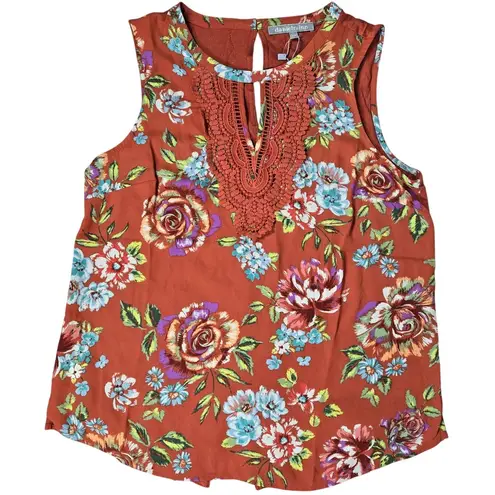 Daniel Rainn Floral Burnt Orange Crochet Lace Detail Sleeveless Blouse M NWT