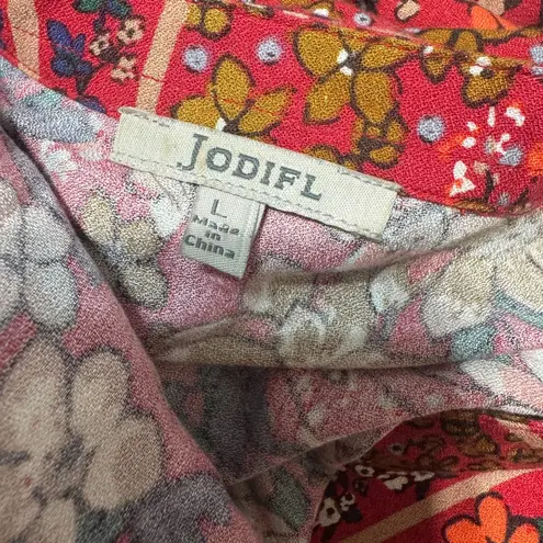 JODIFL Red Floral Maxi Dress Lace up V-Neck sz L boho hippie Long side slits