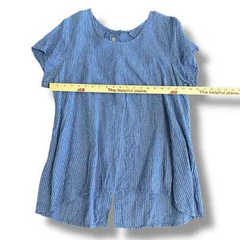 Flax 100% Linen Blue-White Striped Button-Back Top | Small