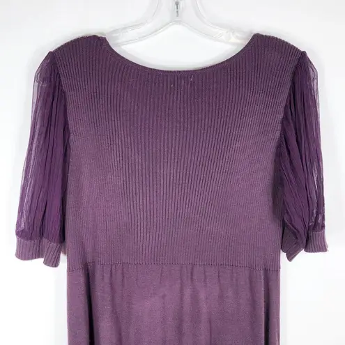 Cache  Medium Sweater Dress Purple Knit Sheer Sleeves Above Knee Shift Scoop 1296