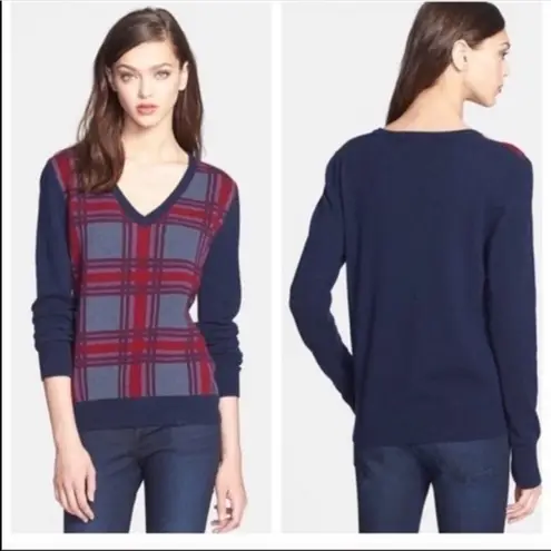 Equipment Femme Blue and Red Plaid V Neck Wool Blend Sweater Size S
