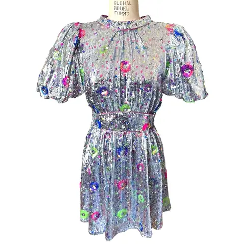 NWT Celia B Wanderer Silver Sequin Floral Mini Dress Size Small