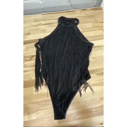 Women's Western Boho Fringe Trim Sleeveless Bodycon Halter Bodysuit looks like L Size L