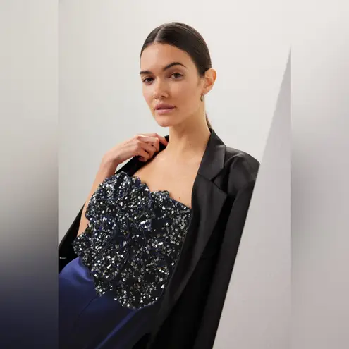 Badgley Mischka Jumpsuit Womens 16 Blue Black Rose Sequin Satin Wide Leg