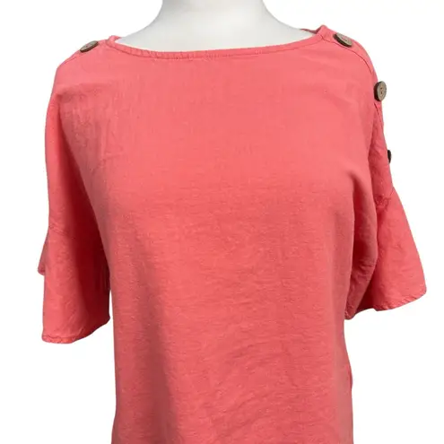 Ellen Tracy Coral Linen Blend Button Shoulder Top Women’s Size M
