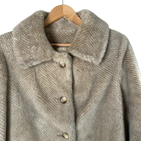 Vintage 70s Beige Faux Fur Coat Style VI Ltd Collared Button Front, Sz Medium Tan
