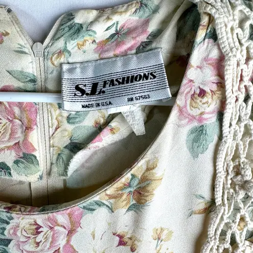 Vtg 80s SL Fashions Prairie Cottagecore Floral Crochet Vest Dress Sz 12 USA 