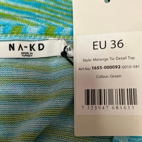 NA-KD NEW Green Melange Tie Knit Striped Long Sleeve Cardigan Sweater Crop Top 6