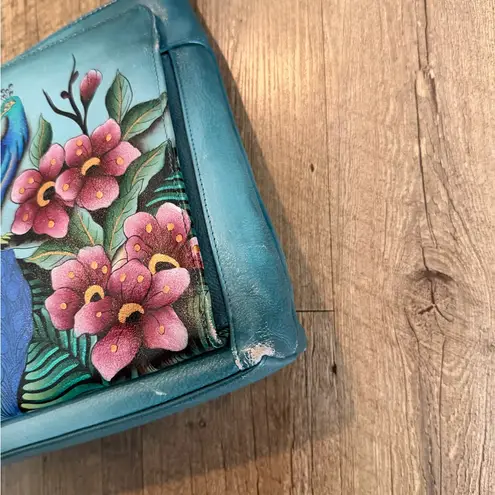 Anuschka Peacock Hand-Painted Blue Floral Crossbody Bag