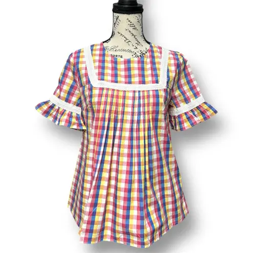 English Factory Anthropologie XS Gingham Top Ruffle Sleeve Lace Trim Cottagecore