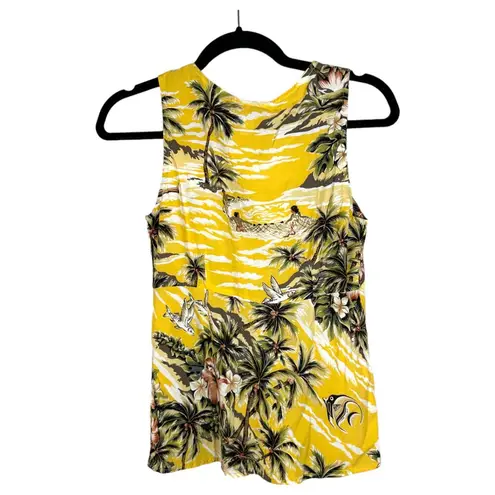 Hilo Hattie Yellow Hawaiian Floral Tropical Cinched Sleeveless Blouse Small