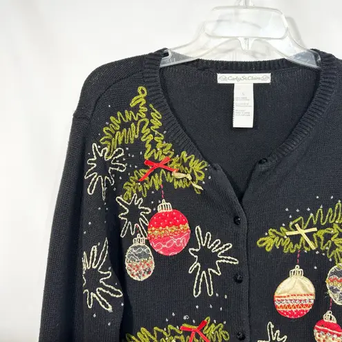 VTG Christmas Sweater Large Ornament Cardigan Black Ugly Holiday Party 706