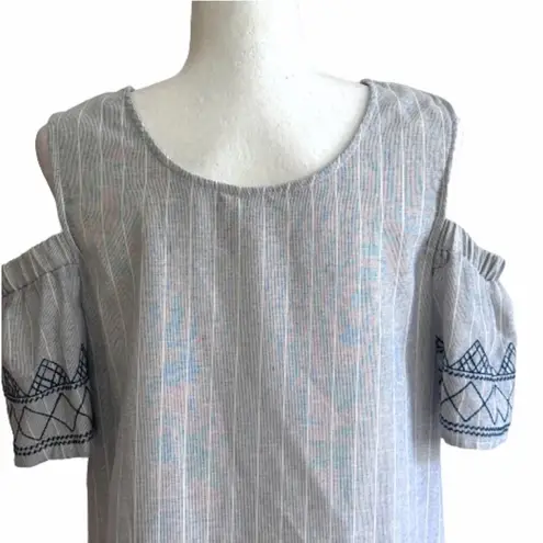 Knox Rose  Dress Blue White Stripe Embroidered Cold Shoulder Boho Shift Medium