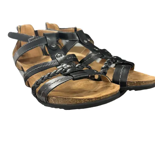 Earth Origins Kendall Wedge Sandals Braided Straps Comfort Black Zip 9.5M