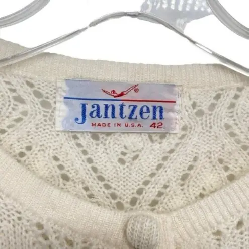 Jantzen Womens Vintage 1960s Ivory Pointelle Knit Crochet Cardigan Sweater