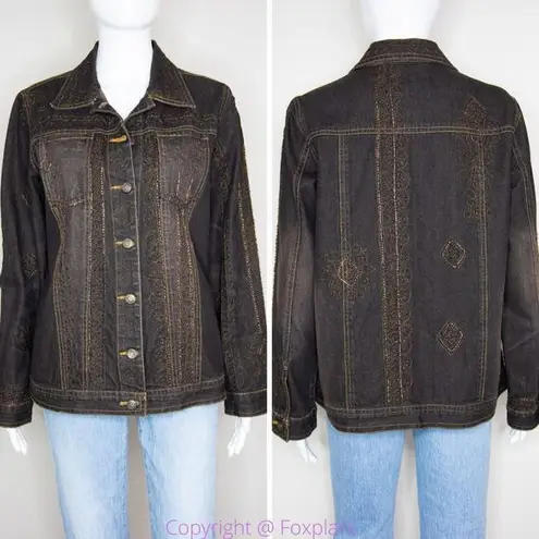 Laura Ashley brown beaded embroidered button up jean jacket, size M
