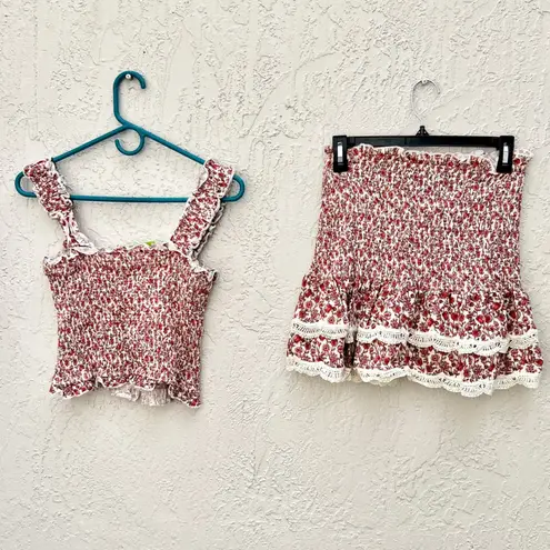 NWOT Moodie Smocked Ruffle Crop Top & Floral Mini Skirt Set Red Women's Size XS